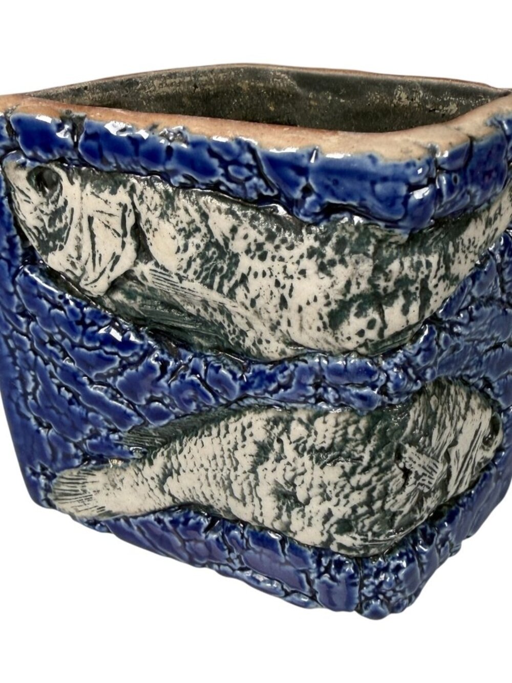 Tenmoku Modernistic Art Pottery Fish Fossil Blue Crackle Malaysia Vase